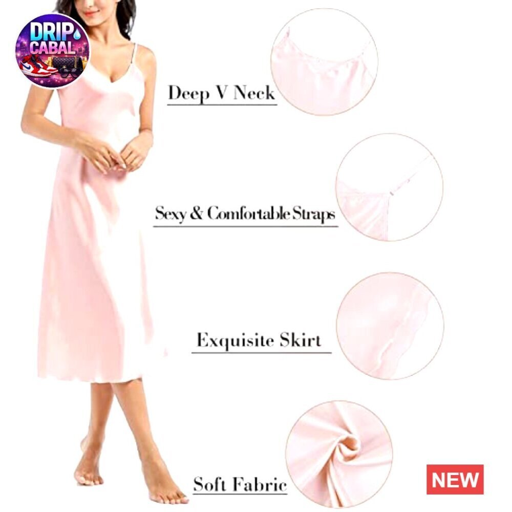 Satin Slip Dress Elegant Minimal Chic Nightgown Adjustable Straps Deep V-Neck View 2